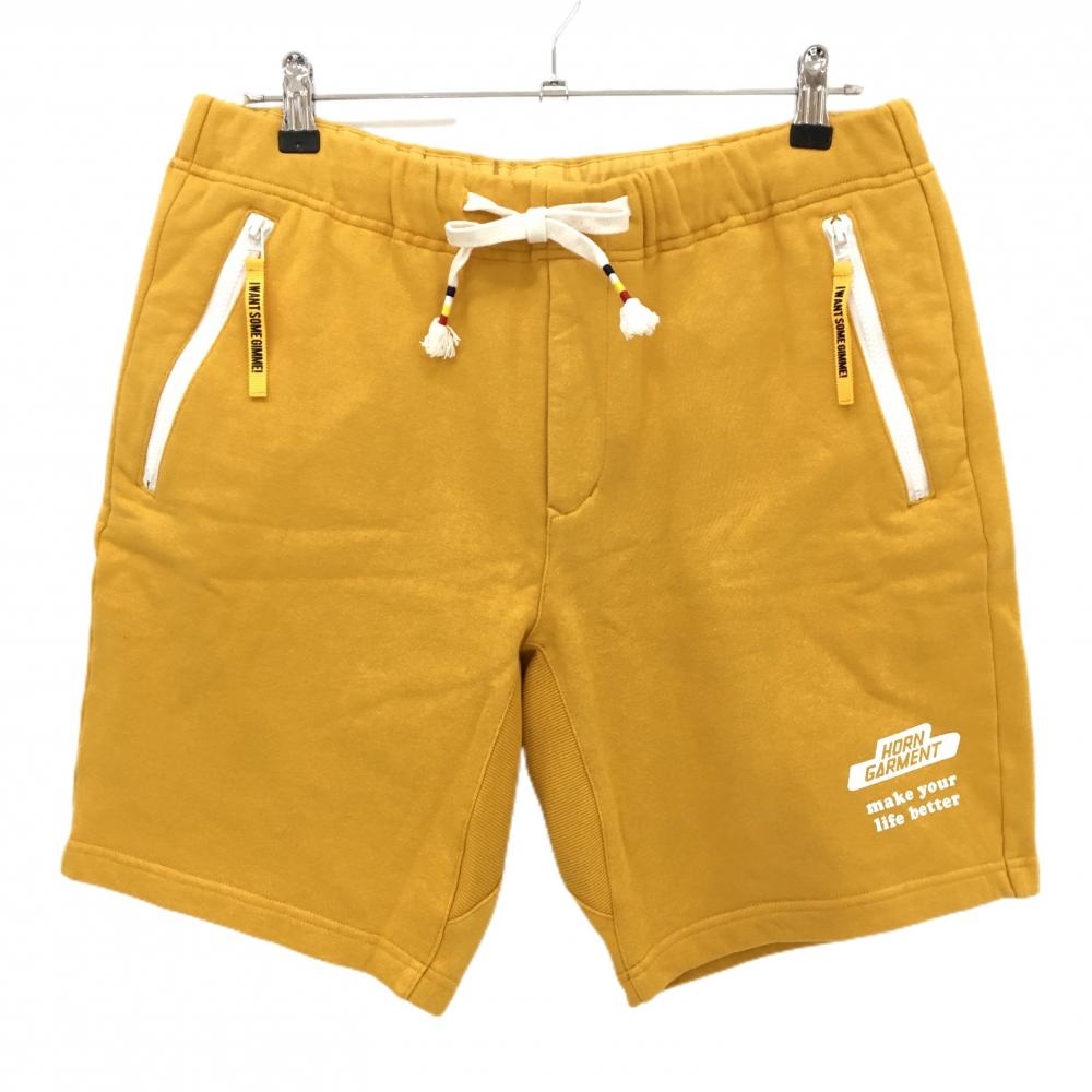 【美品】ホーンガーメント ハーフパンツ マスタードイエロー 裏毛スウェット生地 ウエストゴム メンズ 50(XL) ゴルフウェア MARK＆LONA