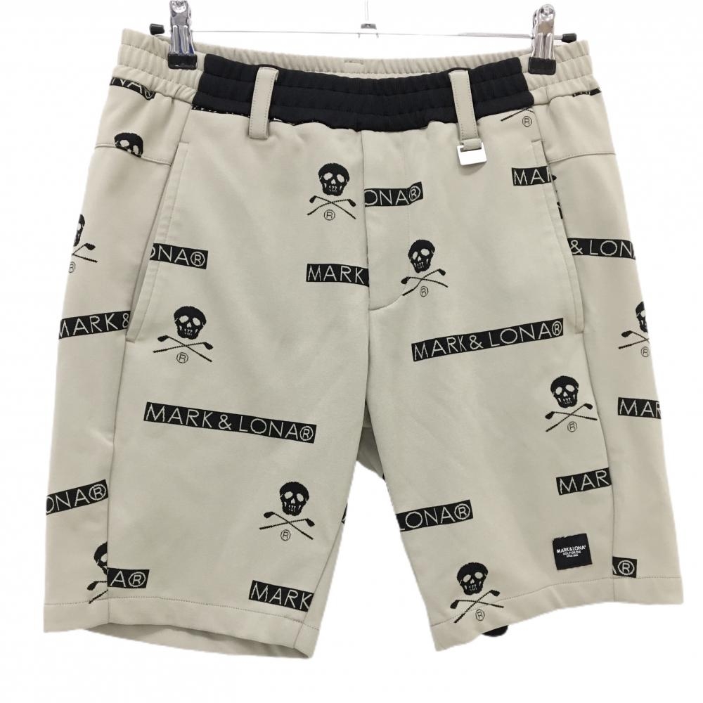 【美品】マークアンドロナ ハーフパンツ グレージュ×黒 スカル・ロゴ総柄  メンズ 46(M) ゴルフウェア 2024年モデル MARK＆LONA