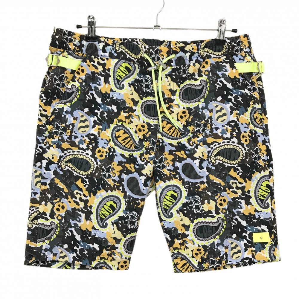 【超美品】マークアンドロナ ハーフパンツ グレー×白×オレンジ系 総柄 ウエストゴム メンズ 50(XL) ゴルフウェア MARK＆LONA