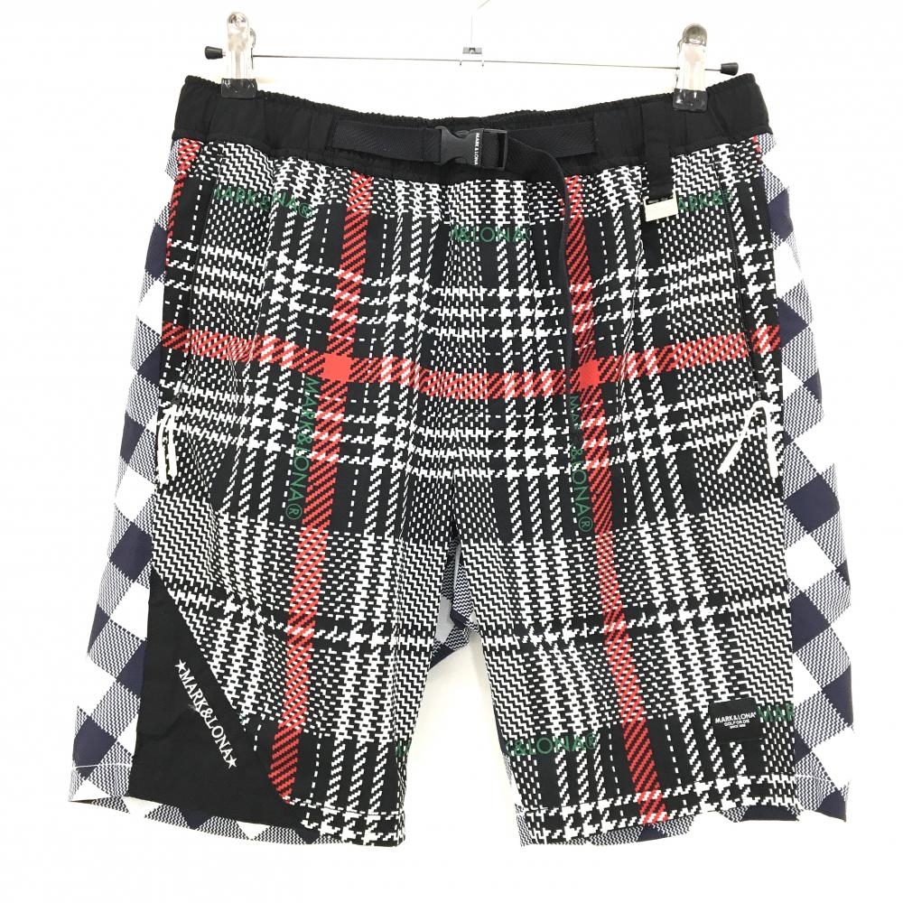 【美品】マークアンドロナ ハーフパンツ 黒×白×ネイビー チェック メンズ 46(M) ゴルフウェア 2024年モデル MARK＆LONA