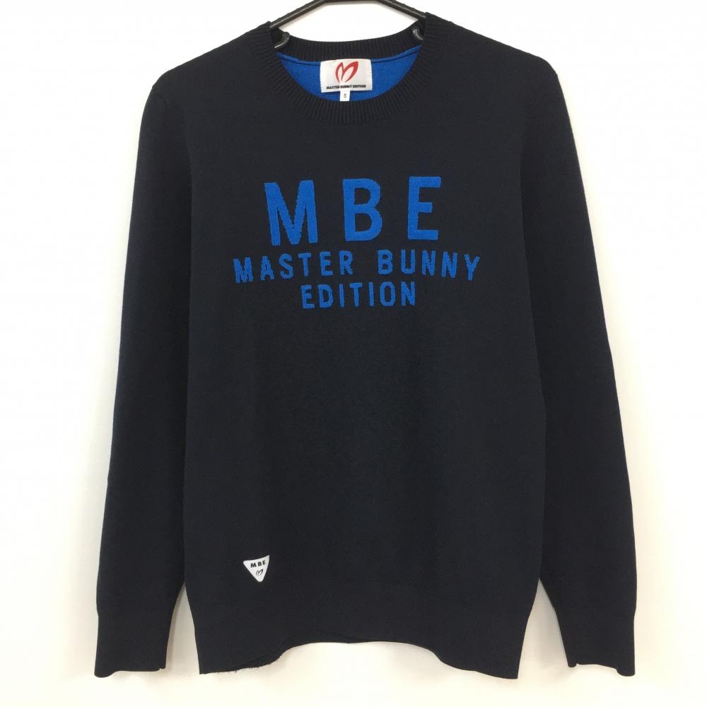 【美品】MASTER BUNNY EDITION マスターバニー 長袖ニットセーター ネイビー×ブルー ビッグロゴ ウール混 メンズ 5(L) ゴルフウェア