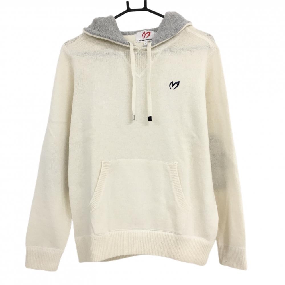 【美品】マスターバニー フード付セーター 白×グレー ロゴネイビー アンゴラ混 ニット  メンズ 4(M) ゴルフウェア MASTER BUNNY EDITION