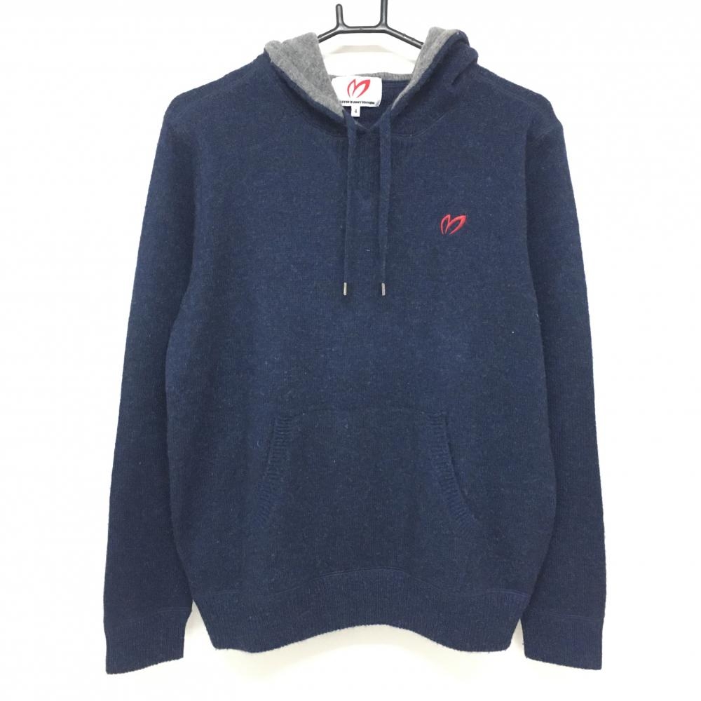【美品】マスターバニー フード付セーター ネイビー×グレー ロゴレッド アンゴラ混  メンズ 4(M) ゴルフウェア MASTER BUNNY EDITION