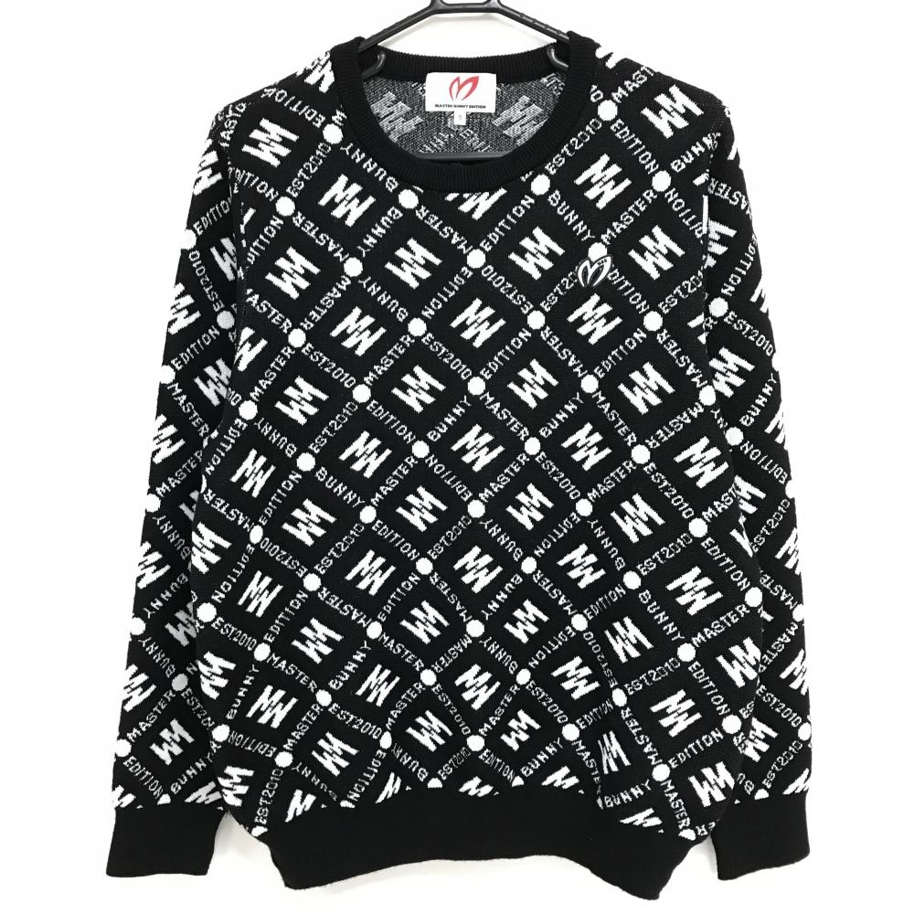 【超美品】マスターバニー セーター 黒×白 ロゴ総柄 ウール混  メンズ 5(L) ゴルフウェア MASTER BUNNY EDITION