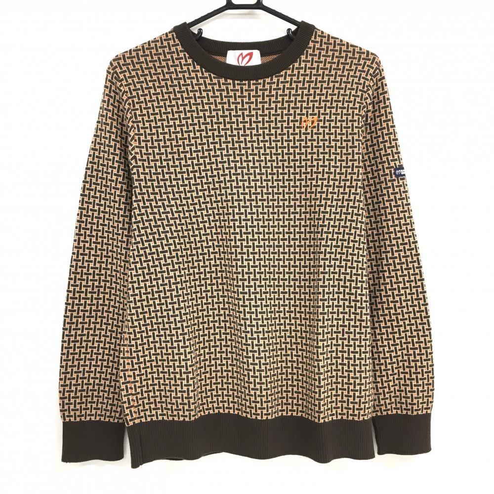 【美品】マスターバニー セーター ブラウン×ベージュ×オレンジ 総柄 コットン100% メンズ 4(M) ゴルフウェア MASTER BUNNY EDITION