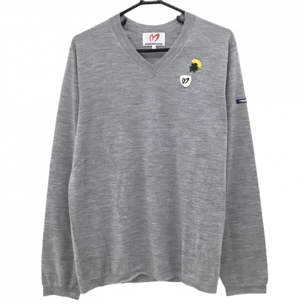 【超美品】マスターバニー セーター グレー ウール・カシミヤ混 花・ロゴワッペン 薄手 メンズ 6(XL) ゴルフウェア MASTER BUNNY EDITION