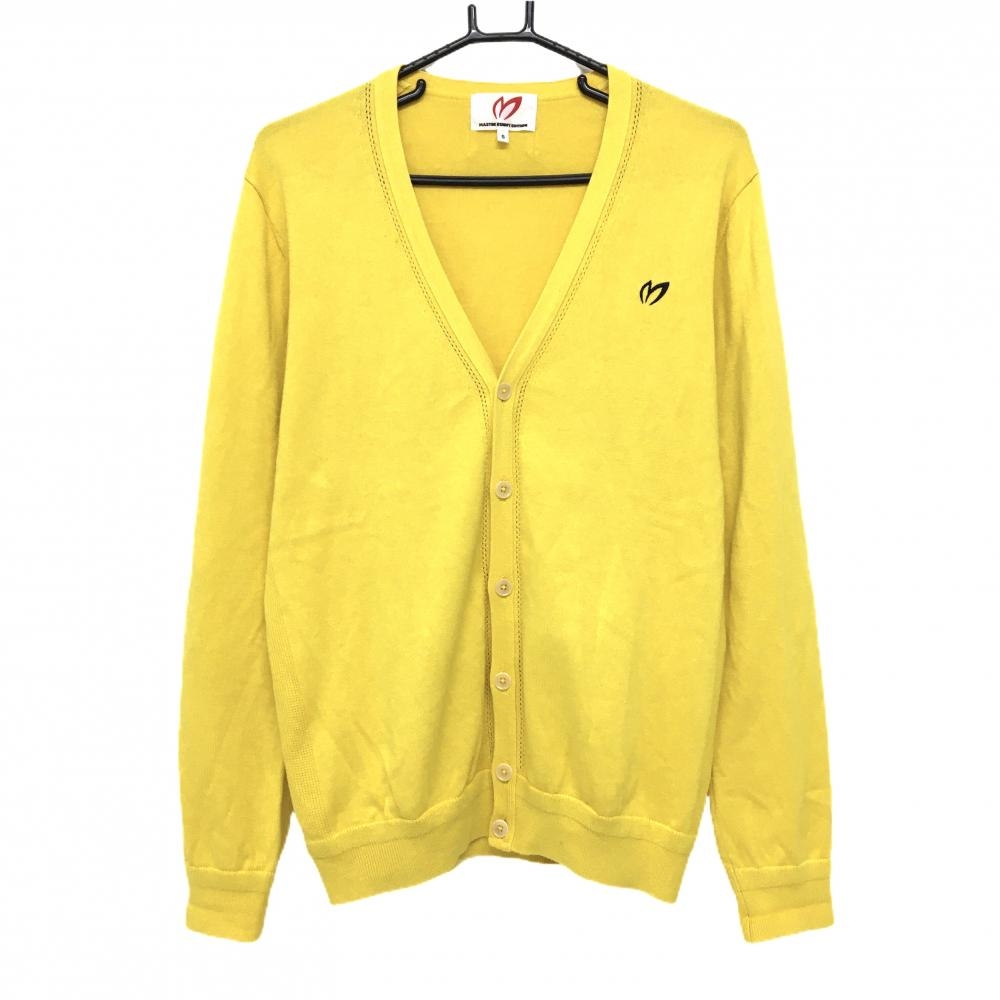【美品】マスターバニー ニットカーディガン イエロー 一部透かし編み シルク混 メンズ 5(L) ゴルフウェア MASTER BUNNY EDITION