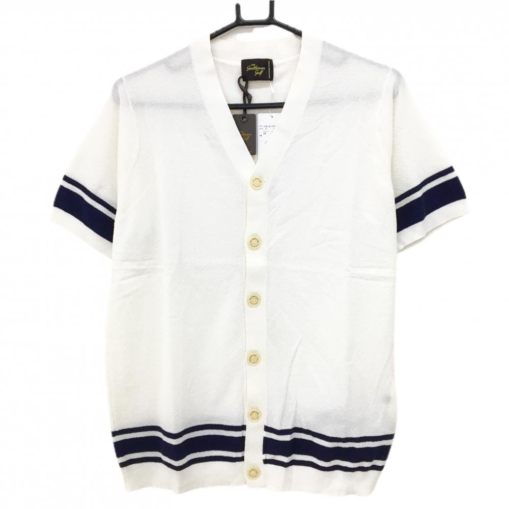 【新品】ザジェントルマンゴルフ 半袖ニットカーディガン 白×ネイビー 袖裾ライン  メンズ 5(L) ゴルフウェア MASTER BUNNY EDITION