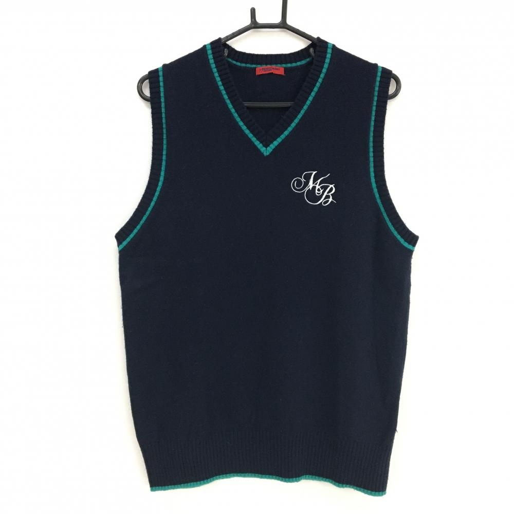 マスターバニー ニットベスト ネイビー×グリーン系 胸ロゴ ウール混 Vネック メンズ 6(XL) ゴルフウェア MASTER BUNNY EDITION