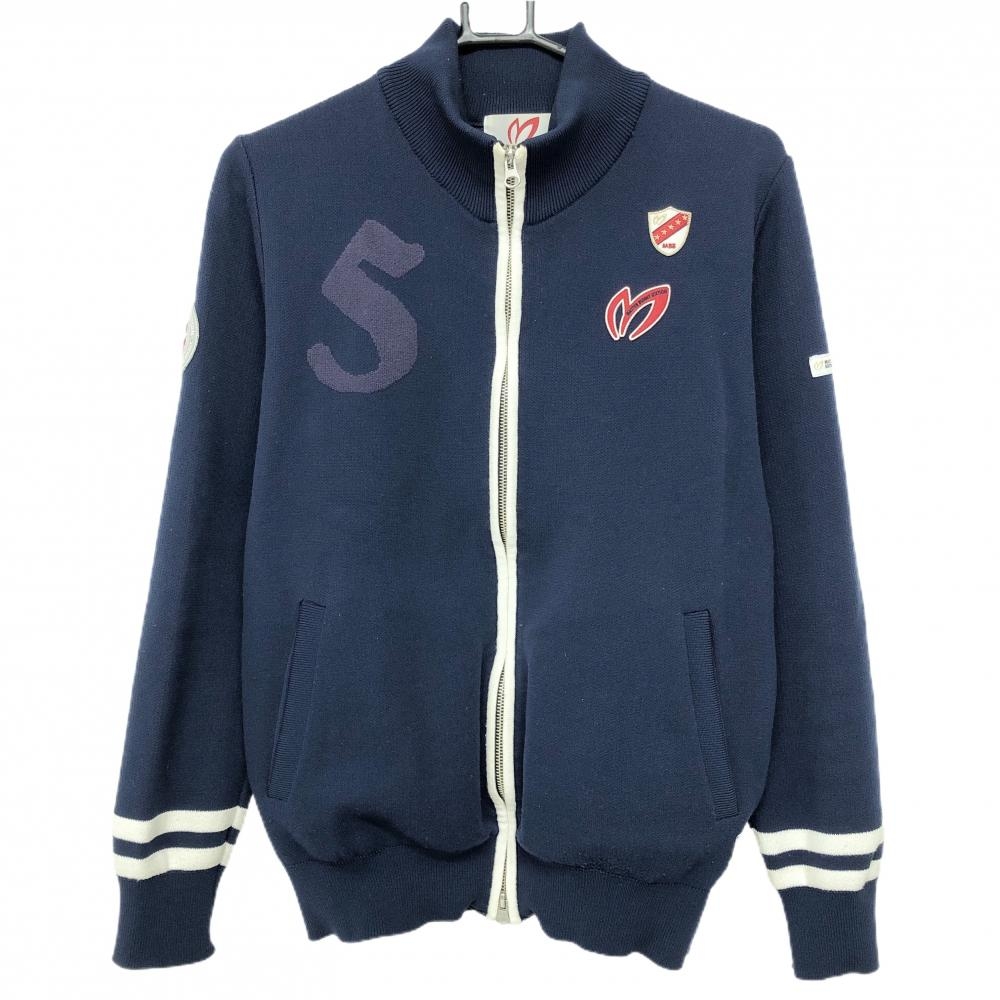 【美品】マスターバニー ニットジャケット ネイビー×白 5周年 ワッペン メンズ 4(M) ゴルフウェア MASTER BUNNY EDITION