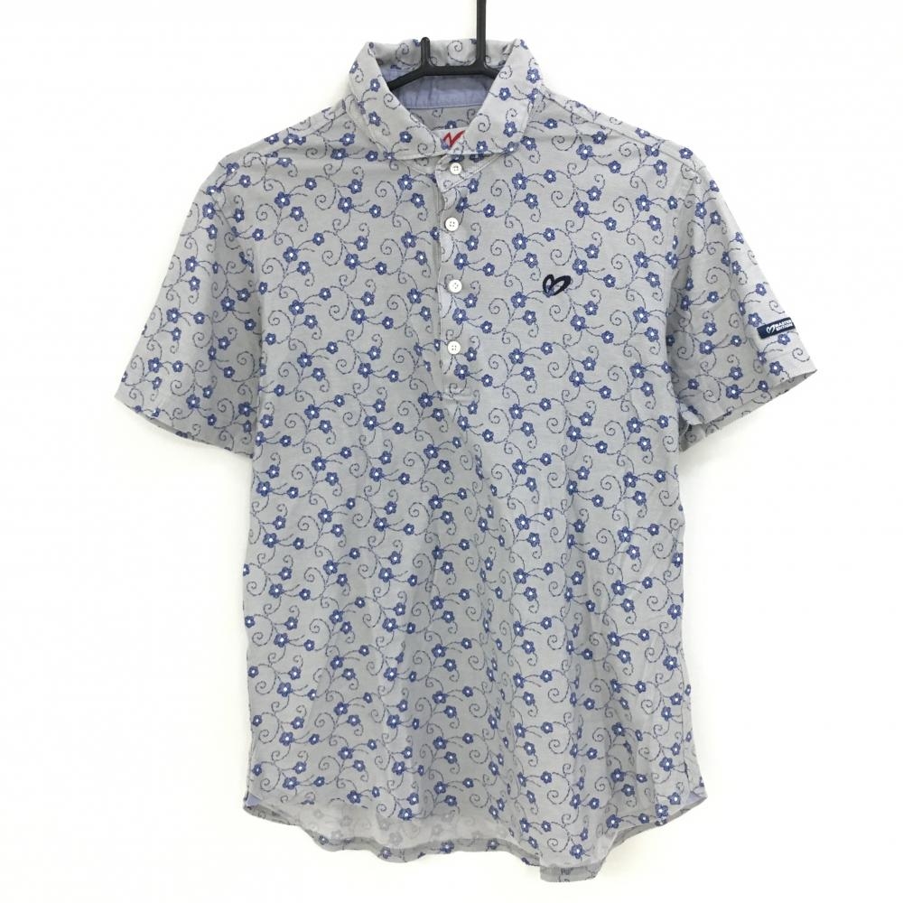 【超美品】マスターバニー 半袖ポロシャツ グレー×ブルー 花柄 メンズ 5(L) ゴルフウェア MASTER BUNNY EDITION