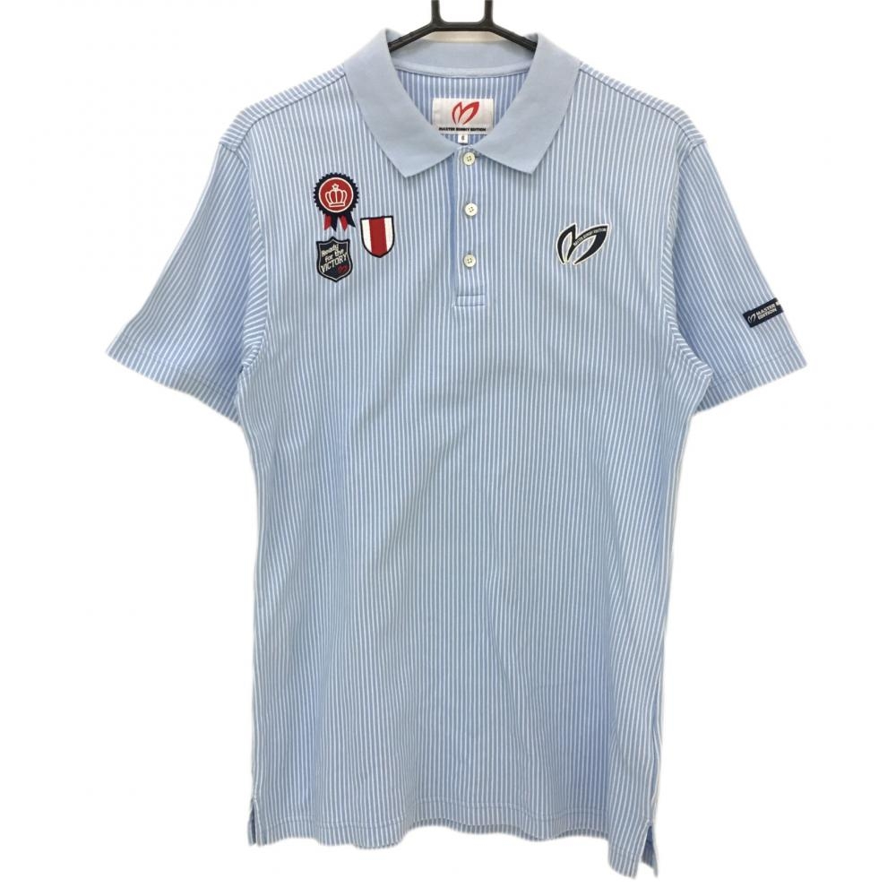 マスターバニー 半袖ポロシャツ ライトブルー×白 ストライプ 勲章刺しゅう 日本製  メンズ 6(XL) ゴルフウェア MASTER BUNNY EDITION