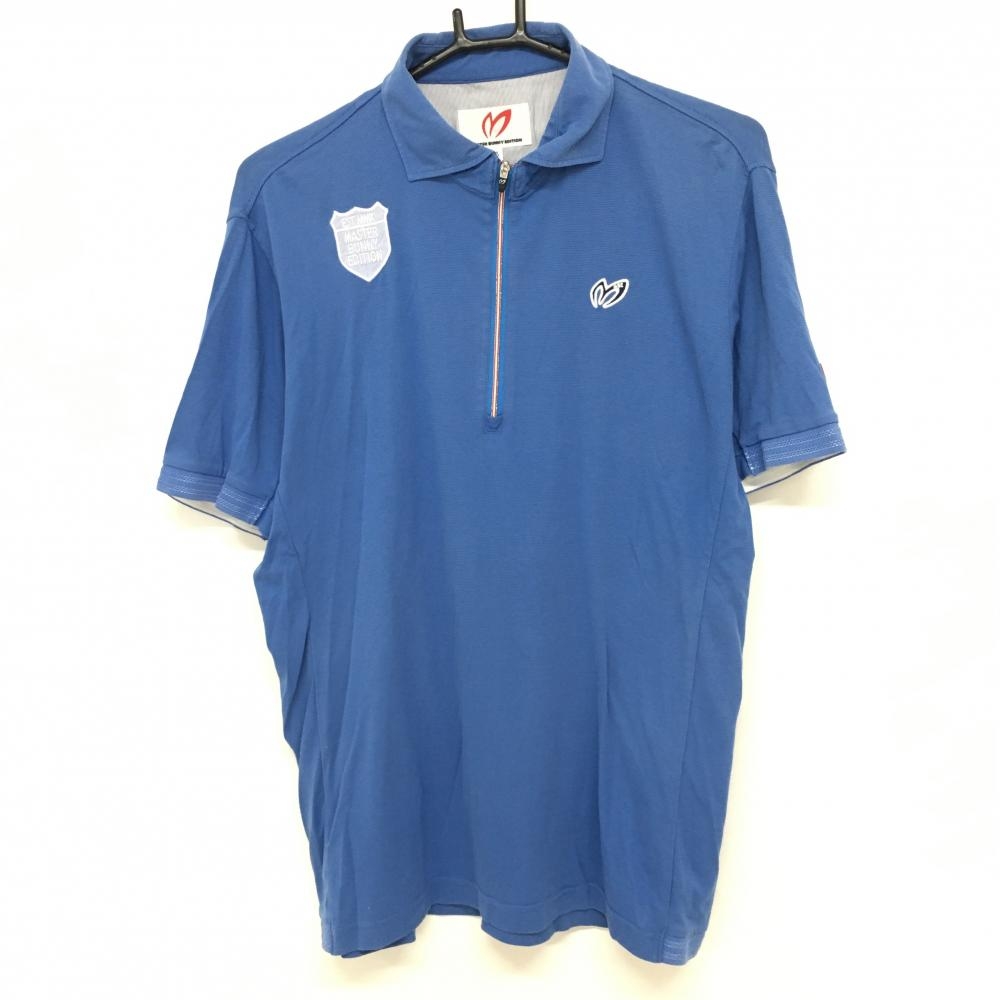 マスターバニー 半袖ポロシャツ ブルー 襟裏ロゴ ハーフジップ メンズ 5(L) ゴルフウェア MASTER BUNNY EDITION