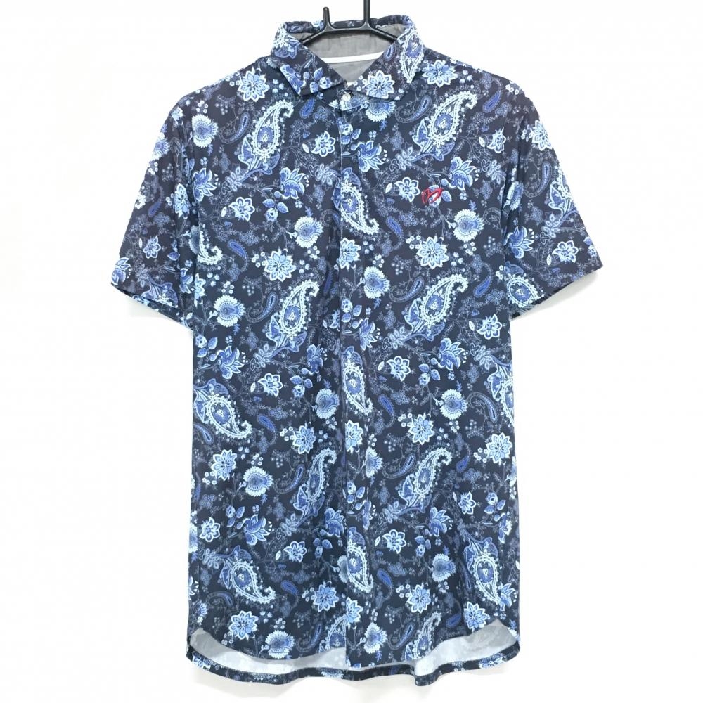 マスターバニー 半袖ポロシャツ ネイビー×ブルー ペイズリー柄 花柄 胸刺しゅう メンズ 6(XL) ゴルフウェア MASTER BUNNY EDITION