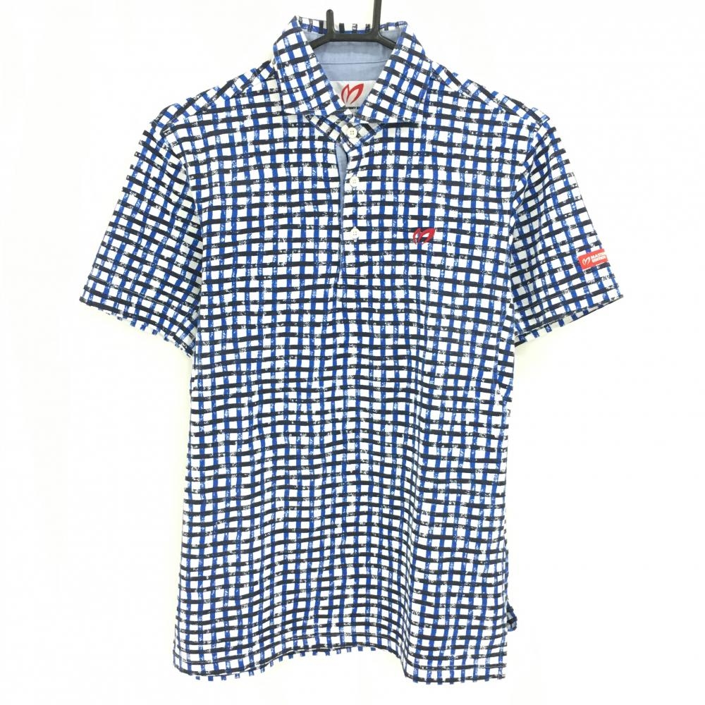 マスターバニー 半袖ポロシャツ 白×ネイビー×ブルー チェック 胸ロゴ メンズ 4(M) ゴルフウェア MASTER BUNNY EDITION