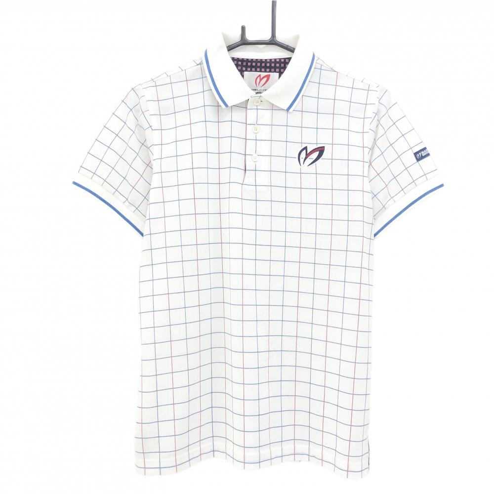 【美品】マスターバニー 半袖ポロシャツ 白×ブルー×レッド チェック 胸元ロゴ刺しゅう メンズ 3(S) ゴルフウェア MASTER BUNNY EDITION