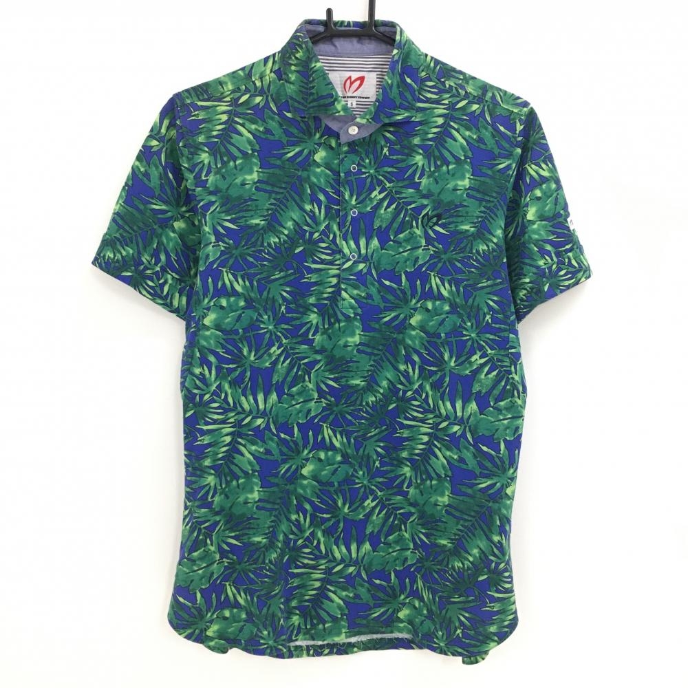 【美品】マスターバニー 半袖ポロシャツ ネイビー系×グリーン リーフ柄 スナップボタン メンズ 5(L) ゴルフウェア MASTER BUNNY EDITION