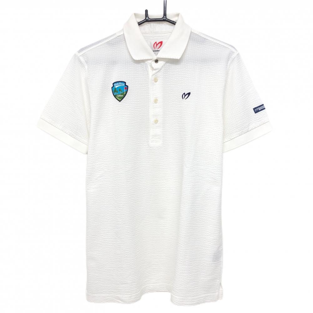 【美品】マスターバニー 半袖ポロシャツ 白 サッカー生地 ロゴネイビー メンズ 6(XL) ゴルフウェア MASTER BUNNY EDITION