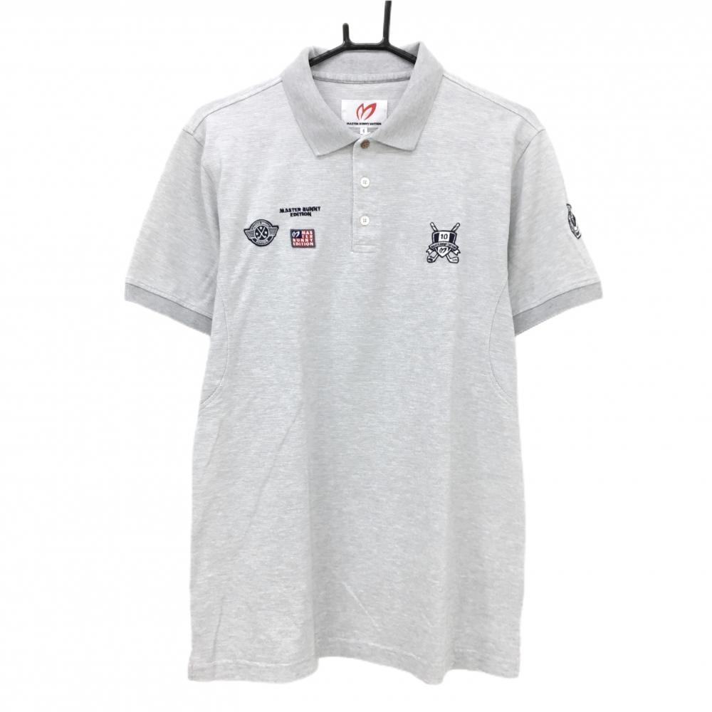 【超美品】マスターバニー 半袖ポロシャツ グレー ロゴネイビー 複数ワッペン  メンズ 6(XL) ゴルフウェア MASTER BUNNY EDITION