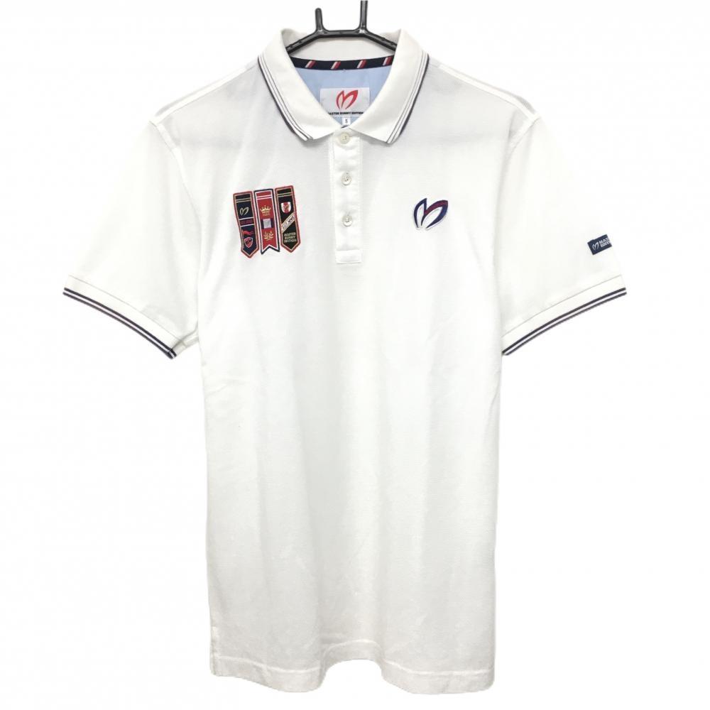 マスターバニー 半袖ポロシャツ 白×ネイビー 襟袖口ライン ワッペン メンズ 5(L) ゴルフウェア MASTER BUNNY EDITION