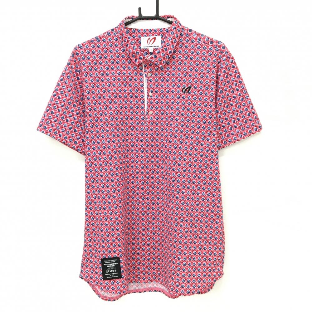 【超美品】マスターバニー 半袖ポロシャツ ピンク×ブルー 総柄 スナップボタン メンズ 6(XL) ゴルフウェア MASTER BUNNY EDITION