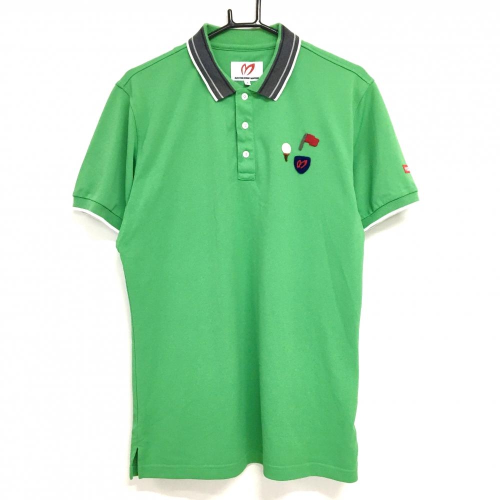【美品】マスターバニー 半袖ポロシャツ グリーン×グレー 刺しゅうワッペン メンズ 6(XL) ゴルフウェア MASTER BUNNY EDITION