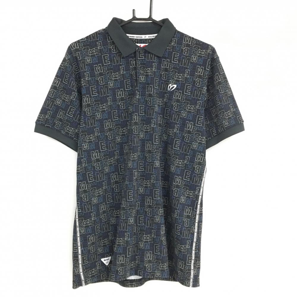 【美品】マスターバニー 半袖ポロシャツ 黒×白 ロゴ総柄 スナップボタン  メンズ 6(XL) ゴルフウェア MASTER BUNNY EDITION