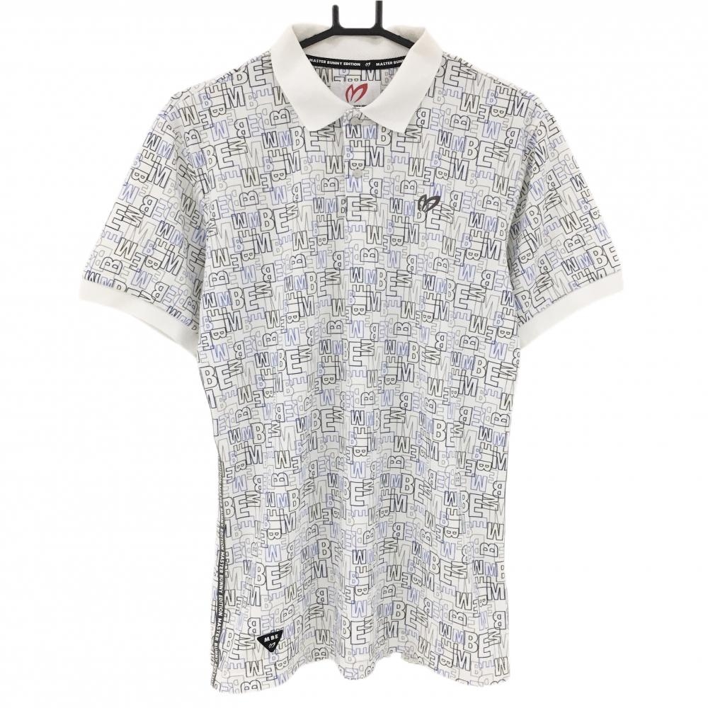 【美品】マスターバニー 半袖ポロシャツ 白×ネイビー系×グレー系 英字総柄  メンズ 4(M) ゴルフウェア MASTER BUNNY EDITION