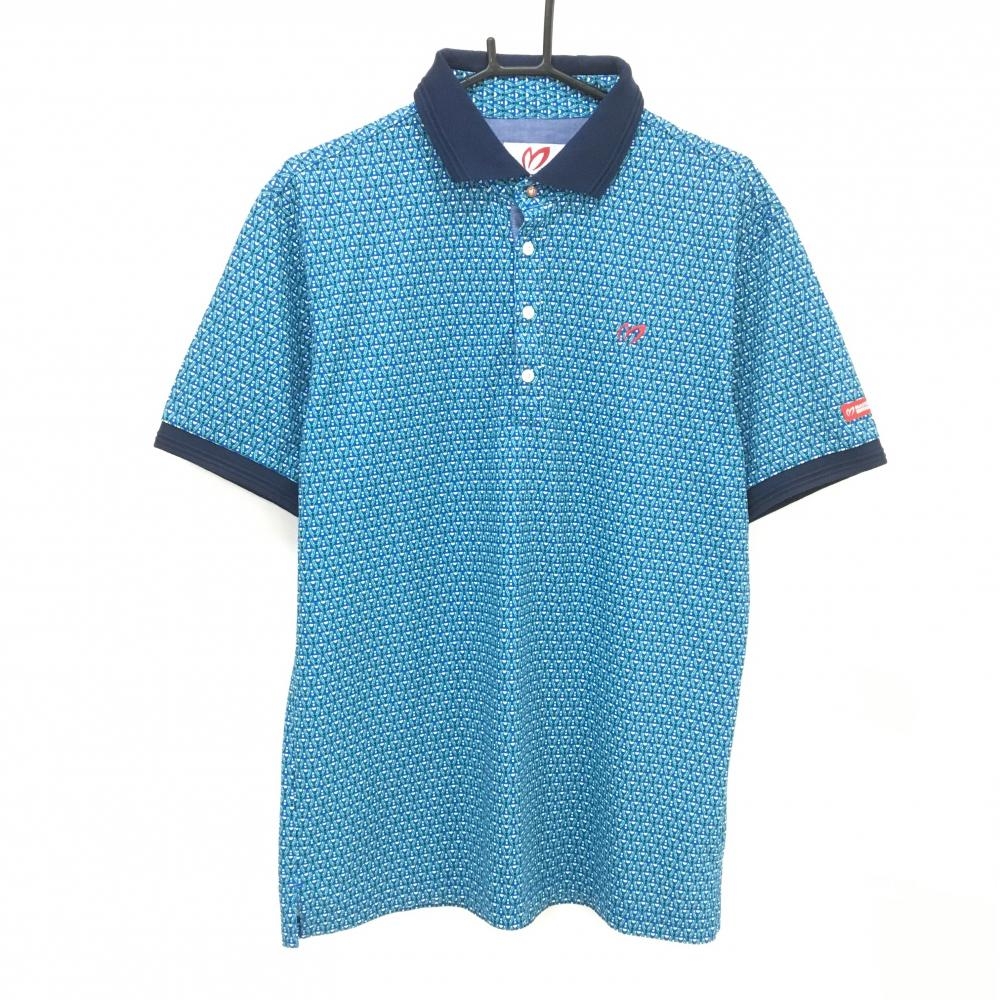 【美品】マスターバニー 半袖ポロシャツ ネイビー×グリーン 総柄 メンズ 7(2XL) ゴルフウェア 大きいサイズ MASTER BUNNY EDITION