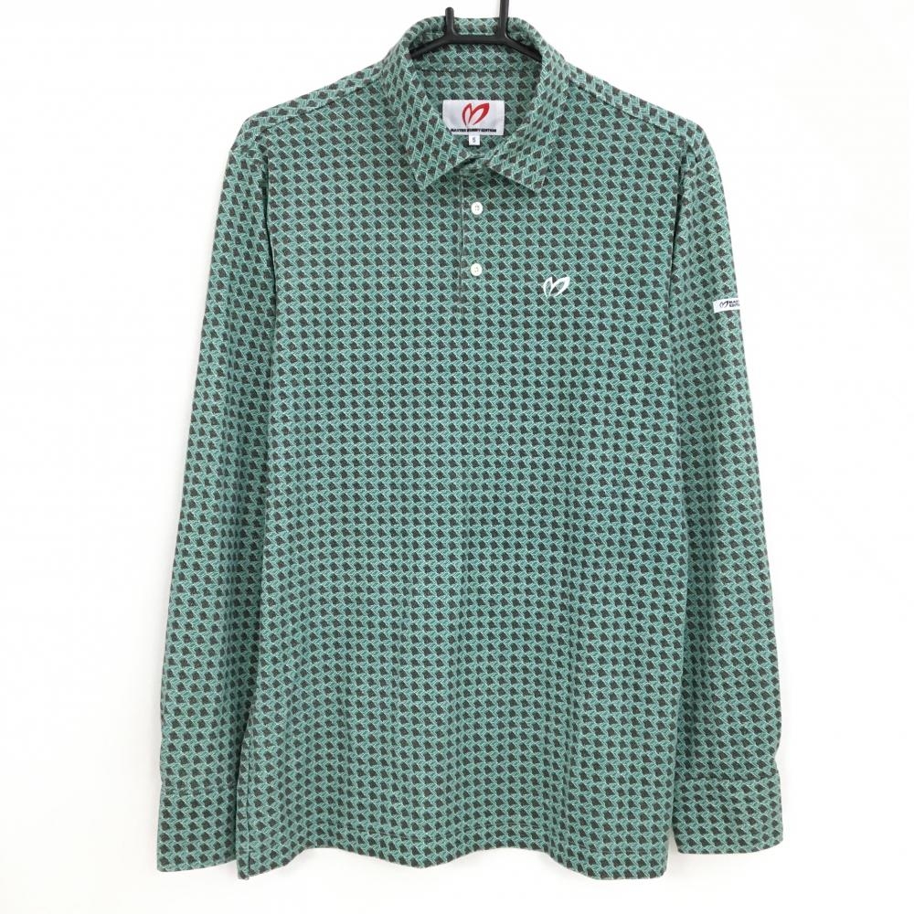 【美品】マスターバニー 長袖ポロシャツ グリーン×ブラウン 総柄 ロゴ メンズ 5(L) ゴルフウェア MASTER BUNNY EDITION