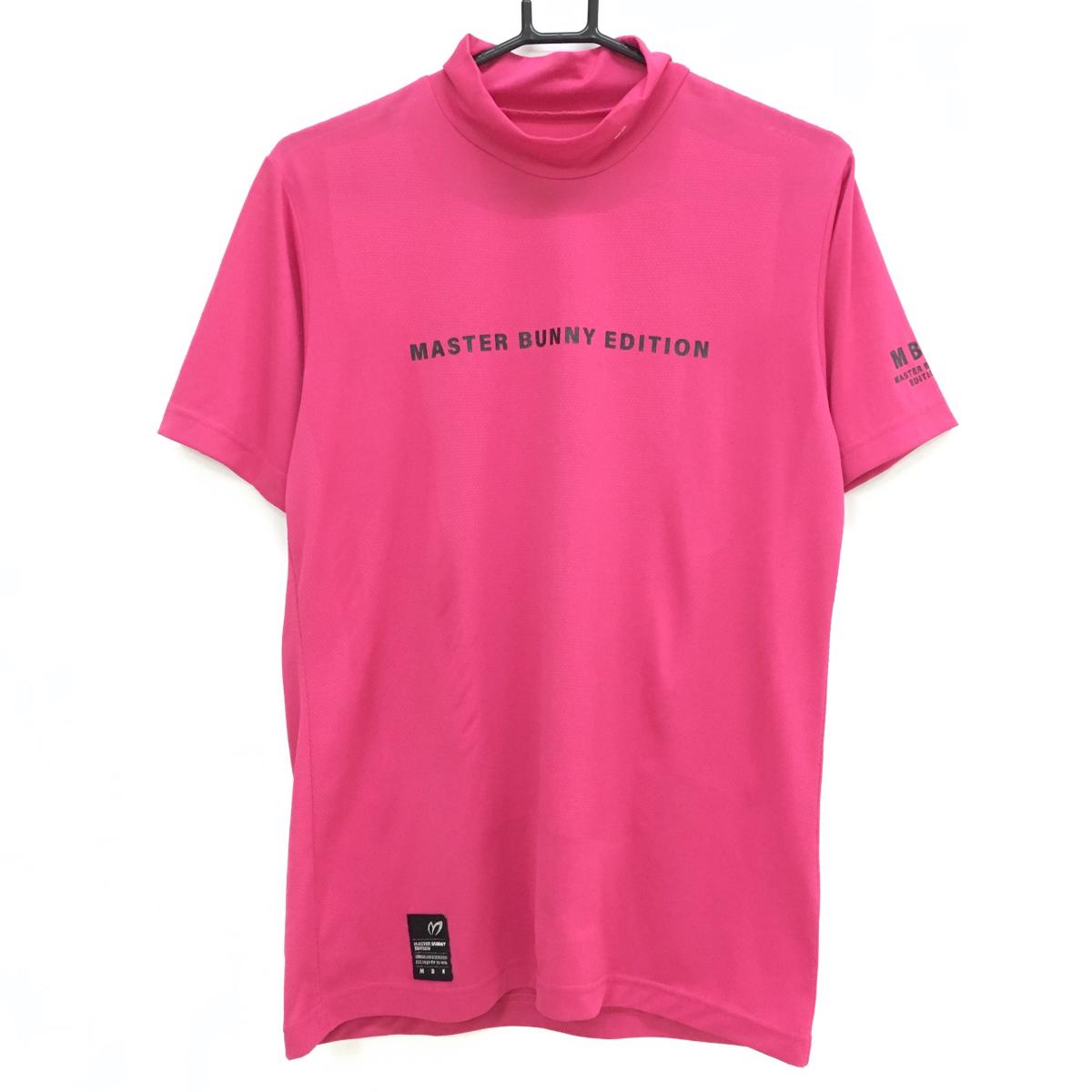 【超美品】マスターバニー 半袖ハイネックシャツ ピンク 一部織生地 ロゴ黒  メンズ 4(M) ゴルフウェア MASTER BUNNY EDITION