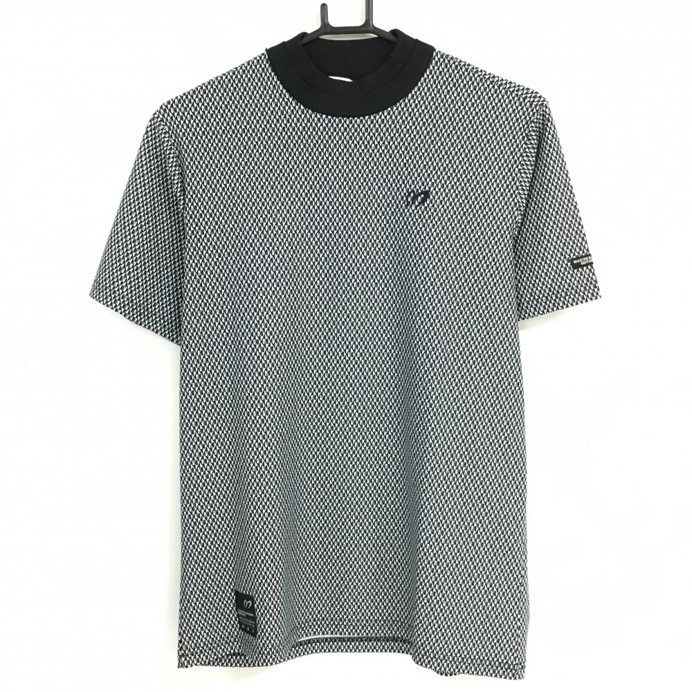 【超美品】マスターバニー 半袖ハイネックシャツ 白×黒 ロゴ総柄 ネックリブ メンズ 4(M) ゴルフウェア MASTER BUNNY EDITION