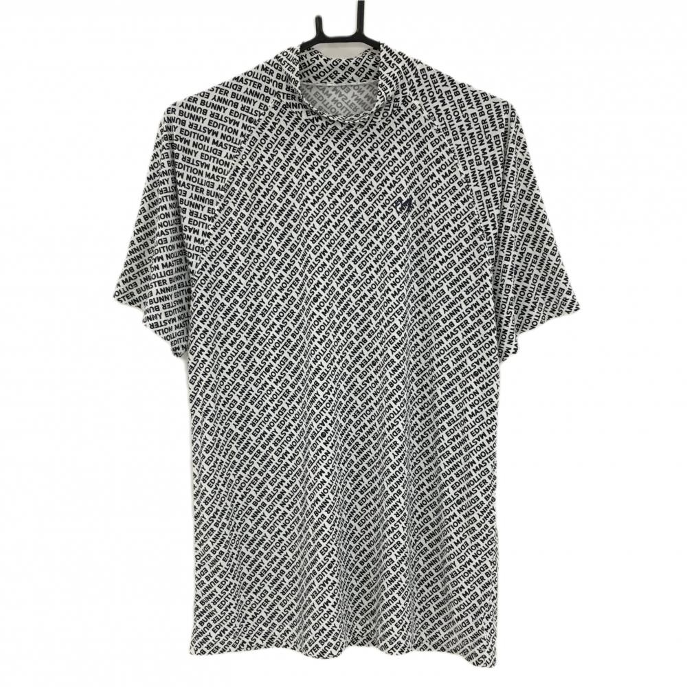 【超美品】マスターバニー 半袖ハイネックシャツ 白×ネイビー 斜めロゴ総柄 ストレッチ  メンズ 5(L) ゴルフウェア MASTER BUNNY EDITION