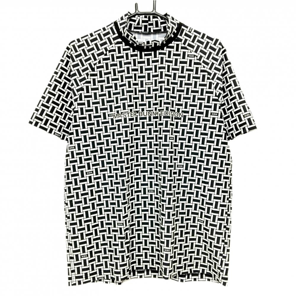 【超美品】マスターバニー 半袖ハイネックシャツ 黒×白 総柄 フロントロゴ  メンズ 6(XL) ゴルフウェア MASTER BUNNY EDITION