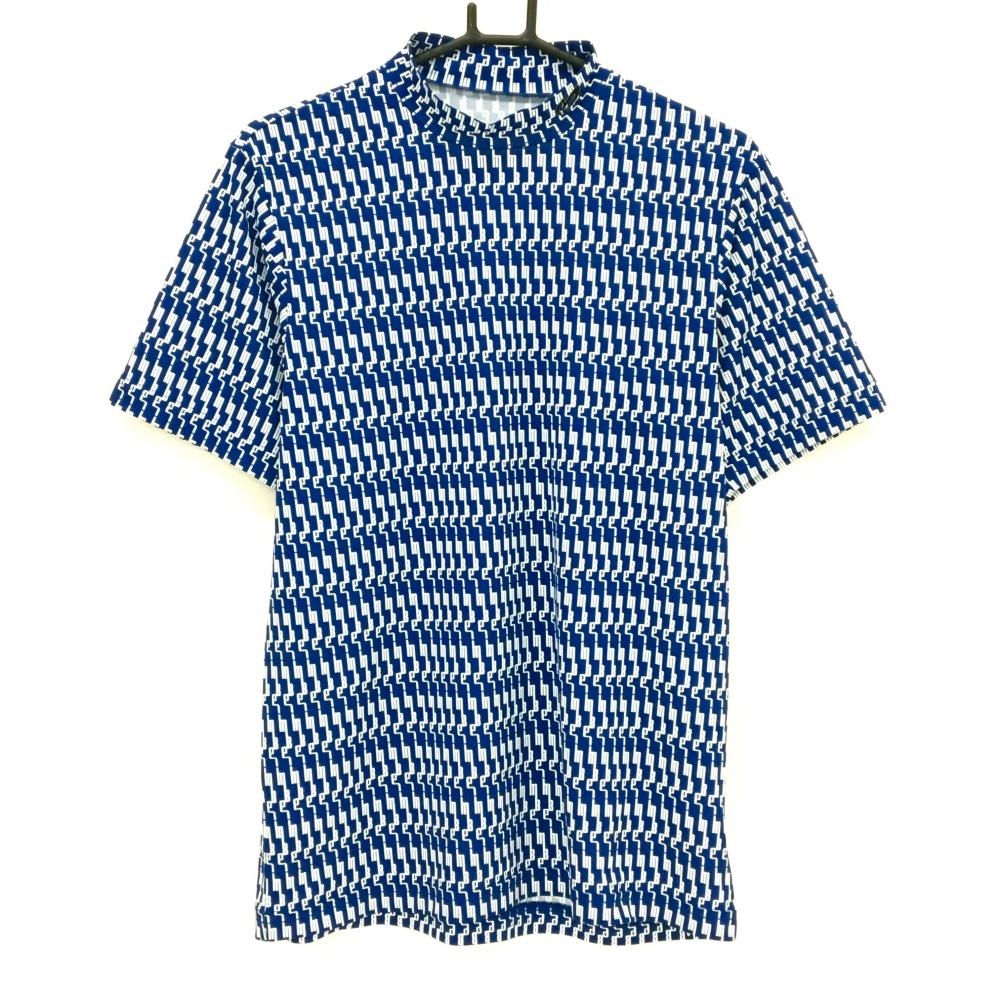 【超美品】マスターバニー 半袖ハイネックシャツ ブルー×白 ロゴ総柄  メンズ 5(L) ゴルフウェア 2024年モデル MASTER BUNNY EDITION