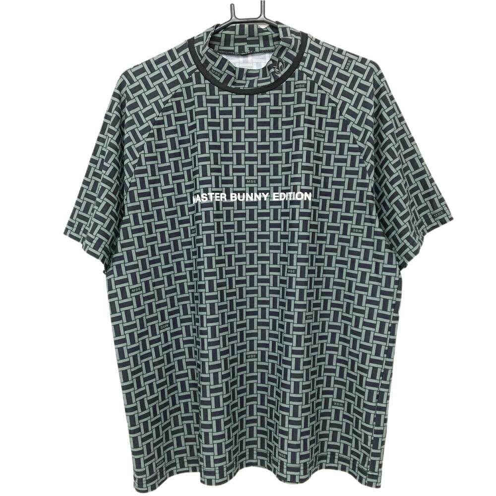 【美品】マスターバニー 半袖ハイネックシャツ ダークグリーン×黒 総柄 胸元ロゴプリント メンズ 7 ゴルフウェア MASTER BUNNY EDITION