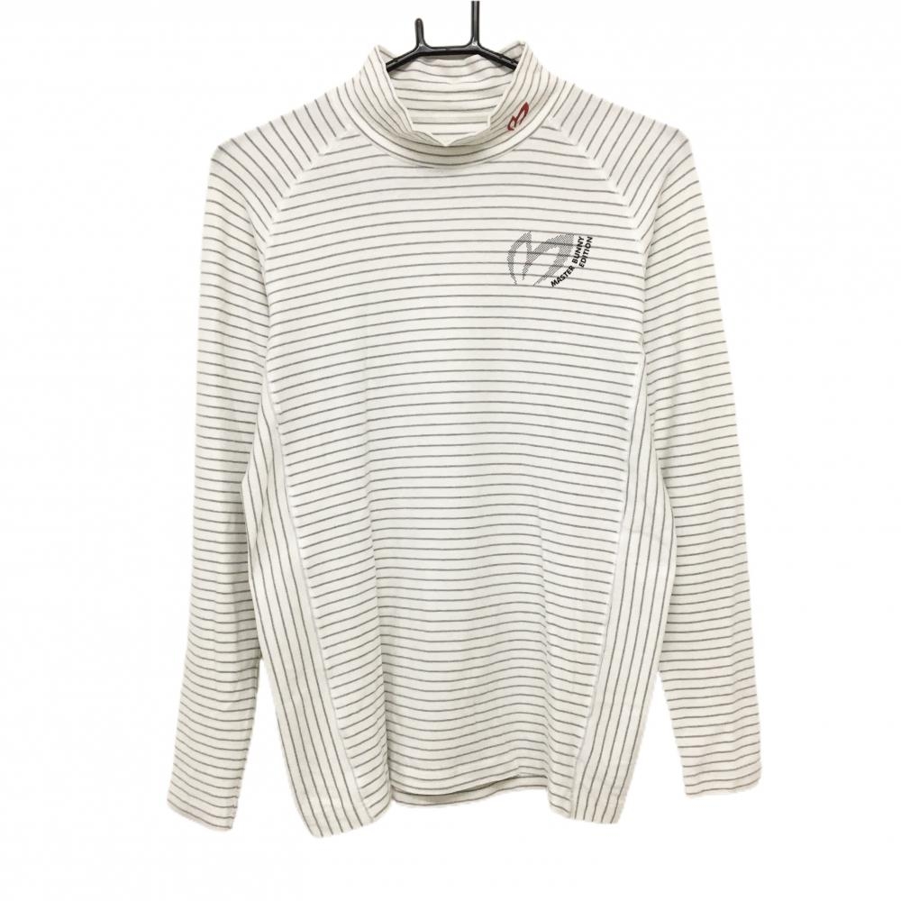 【美品】マスターバニー 長袖ハイネックシャツ 白×グレー ボーダー 起毛素材 ストレッチ メンズ 4(M) ゴルフウェア MASTER BUNNY EDITION
