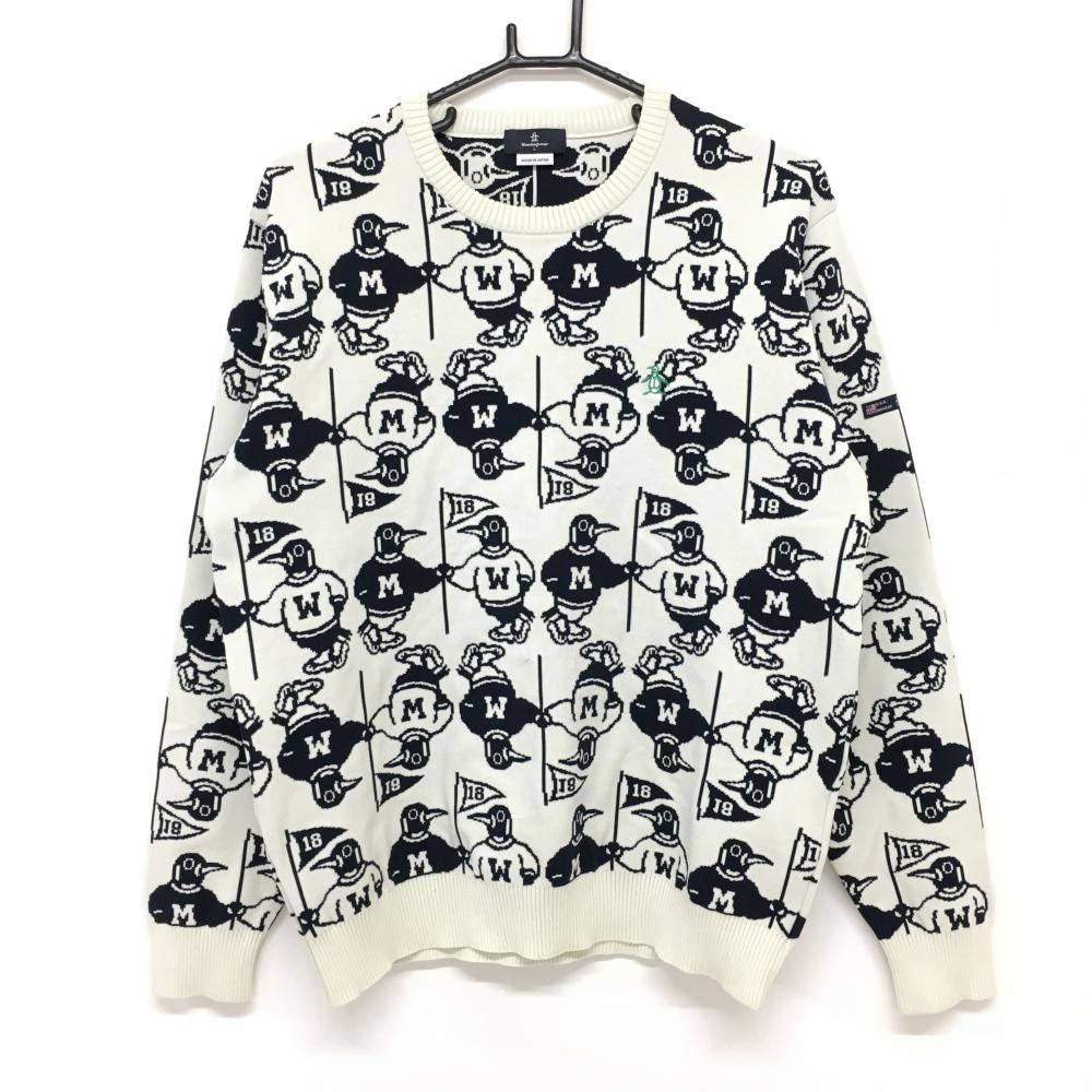 【超美品】マンシングウェア セーター 白×ネイビー ペンギン総柄 ニット メンズ L ゴルフウェア Munsingwear