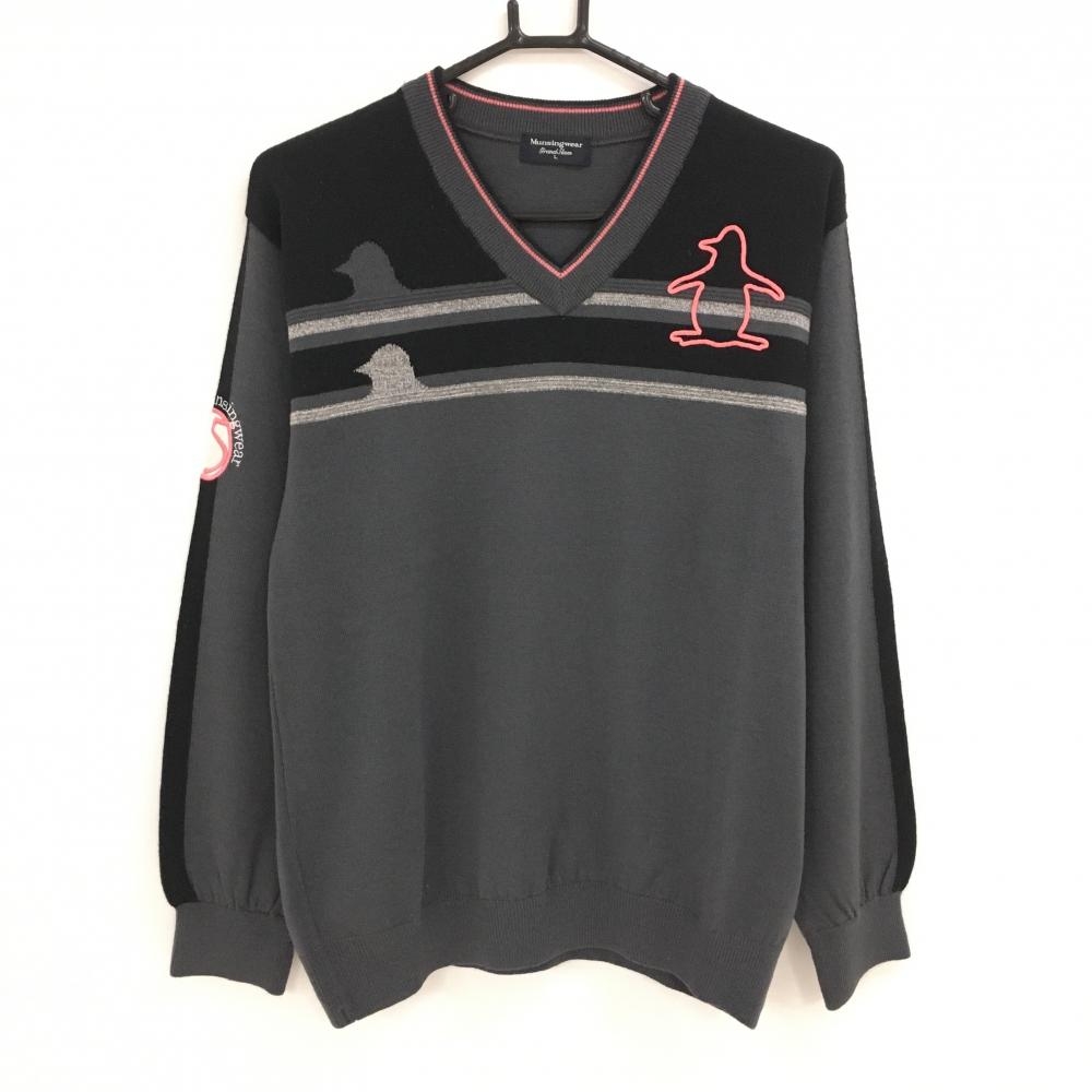 【超美品】マンシングウェア セーター グレー×黒×ピンク ニット ウール100％ Vネック メンズ L ゴルフウェア Munsingwear