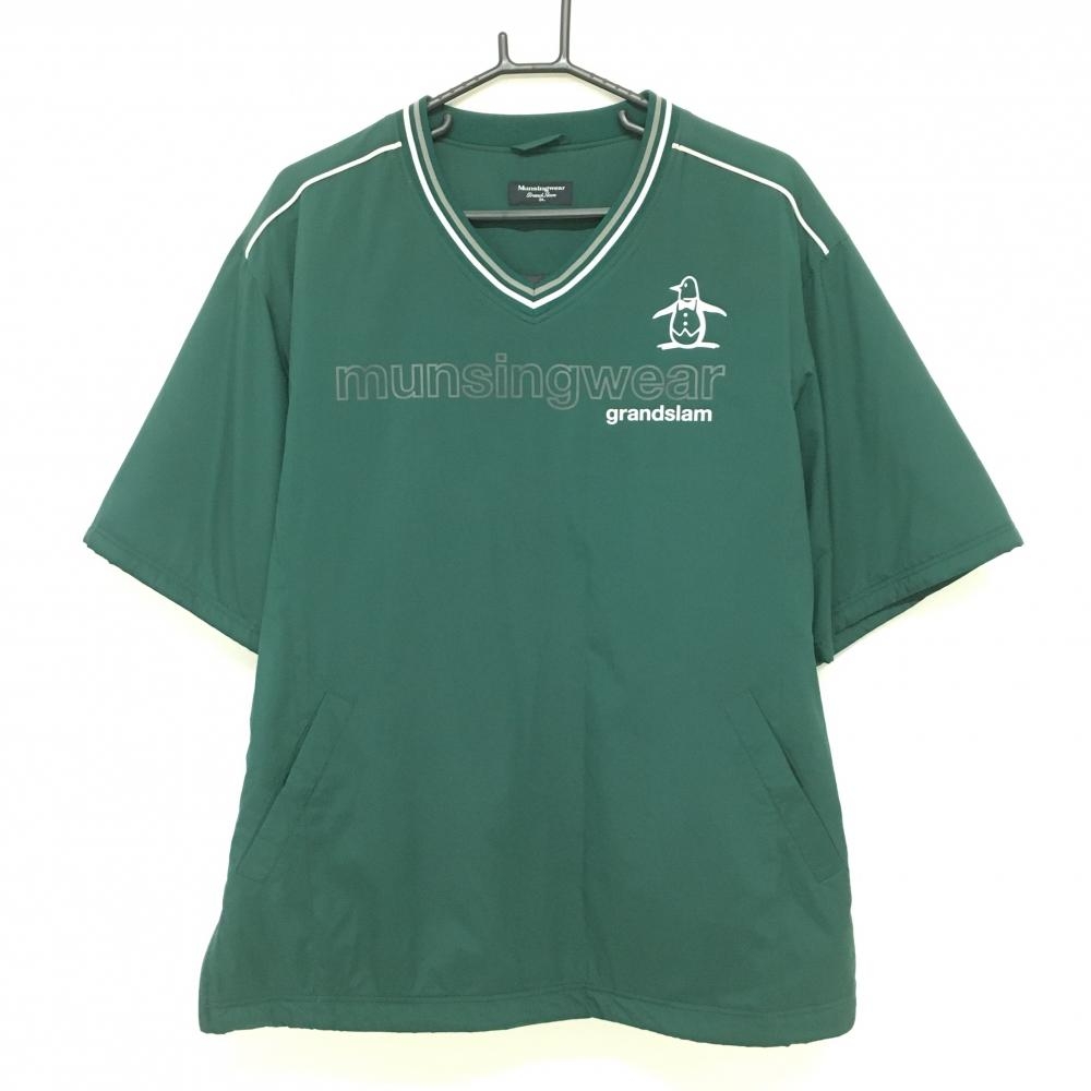 【美品】マンシングウェア 半袖中綿スニード グリーン×白 Vネック ロゴプリント  メンズ 3L ゴルフウェア 大きいサイズ Munsingwear