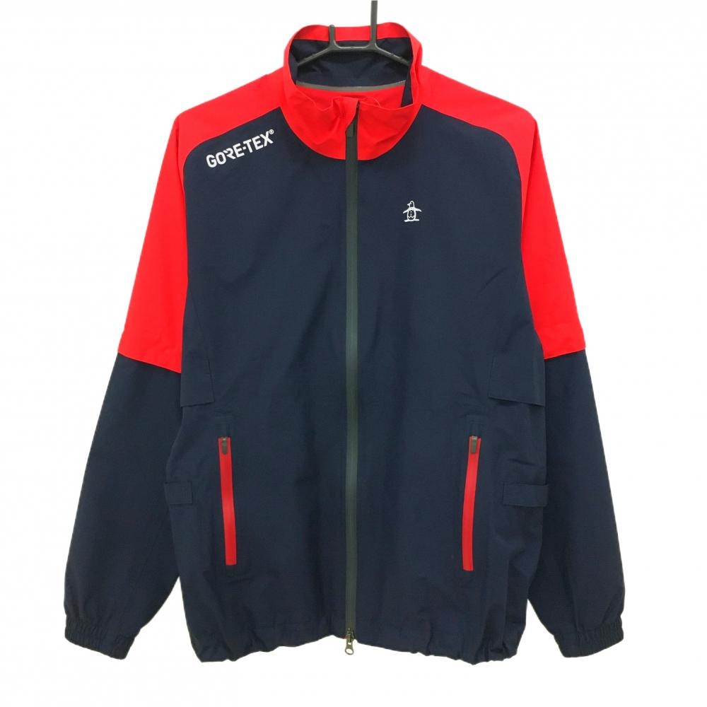 【美品】マンシングウェア レインウェア ネイビー×レッド GORE-TEX 裾ドローコード 袖着脱可  メンズ M ゴルフウェア Munsingwear