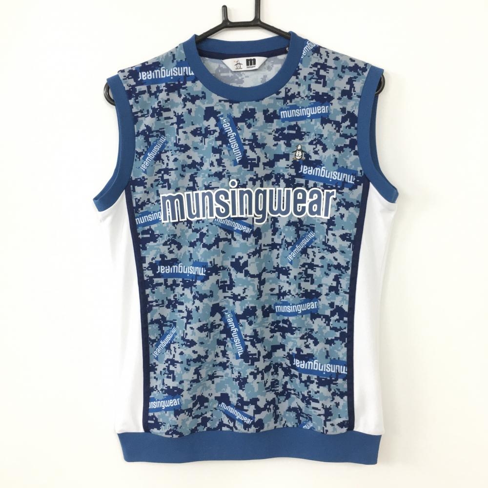 【超美品】マンシングウェア ベスト ブルーグリーン×ネイビー デジカモ柄 ストレッチ メンズ M ゴルフウェア Munsingwear