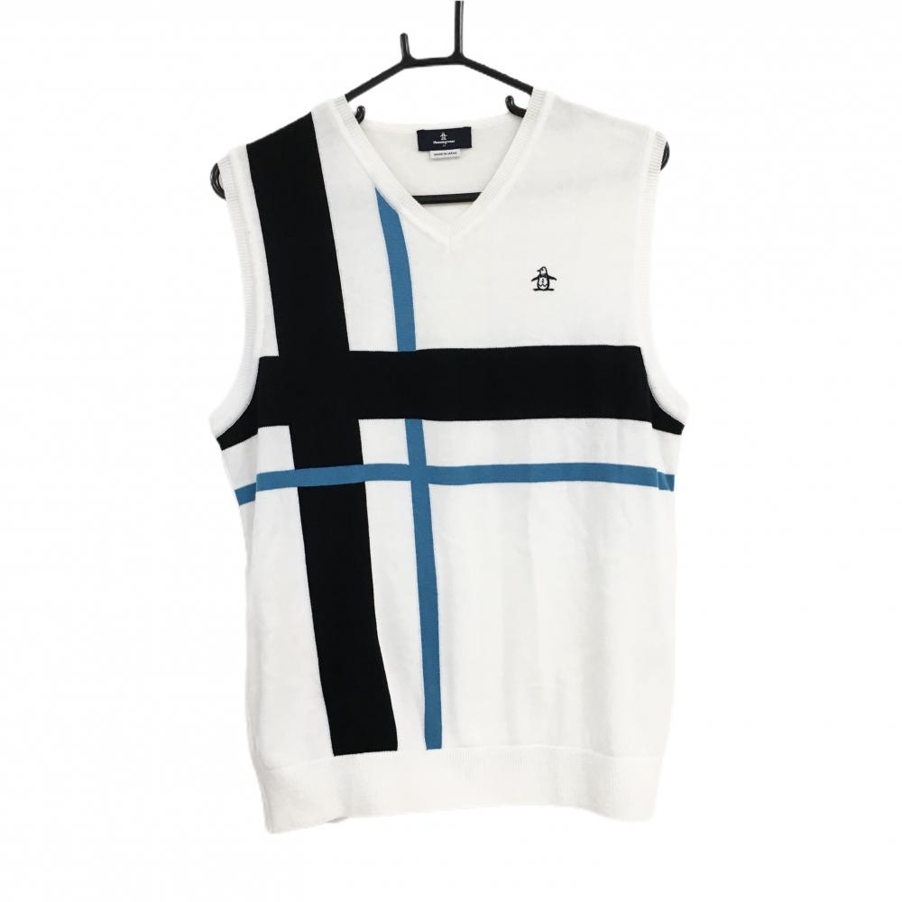 【美品】マンシングウェア ニットベスト 白×黒×ライトブルー 前身頃ライン 胸ロゴ Vネック メンズ M ゴルフウェア Munsingwear