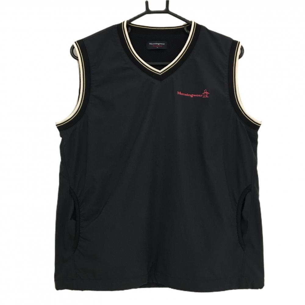 マンシングウェア ベスト 黒×白 ロゴプリント Vネック メッシュ裏地 メンズ L ゴルフウェア Munsingwear