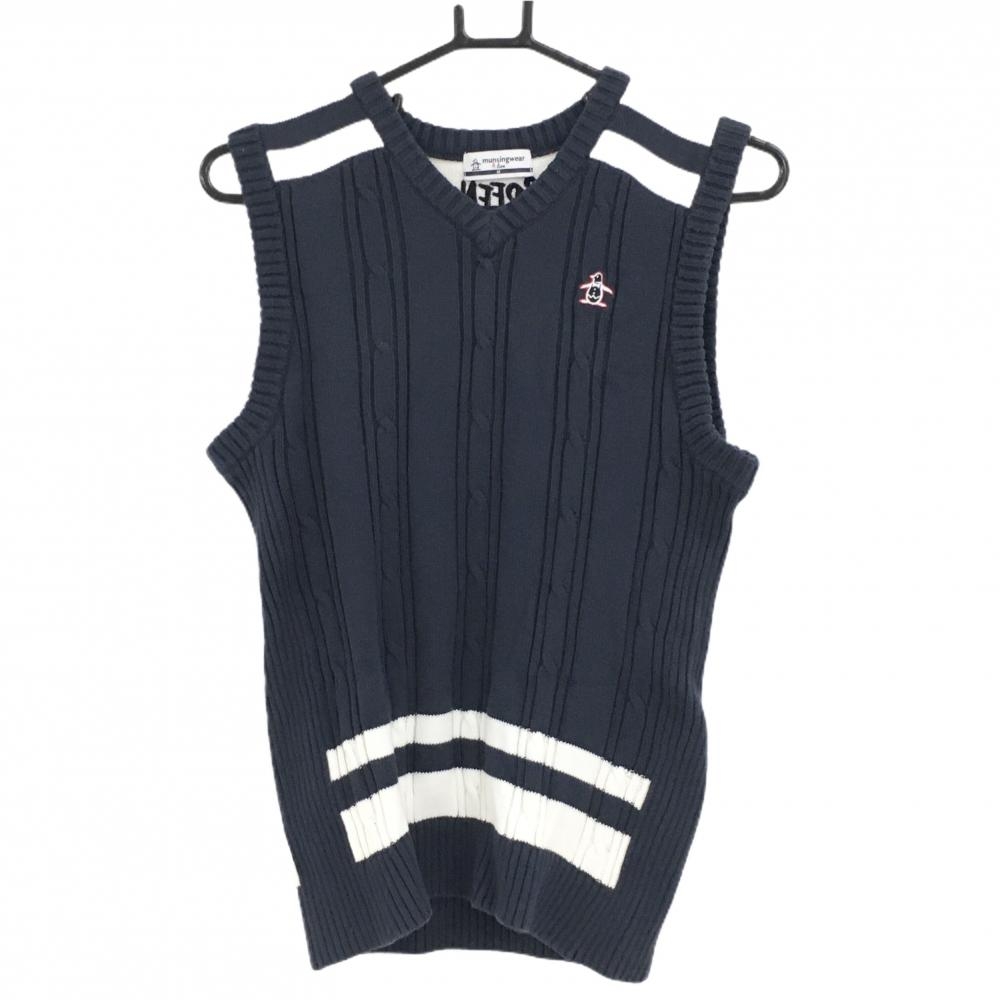 マンシングウェア ニットベスト ネイビー×白 ケーブル編み コットン混  メンズ M ゴルフウェア Munsingwear