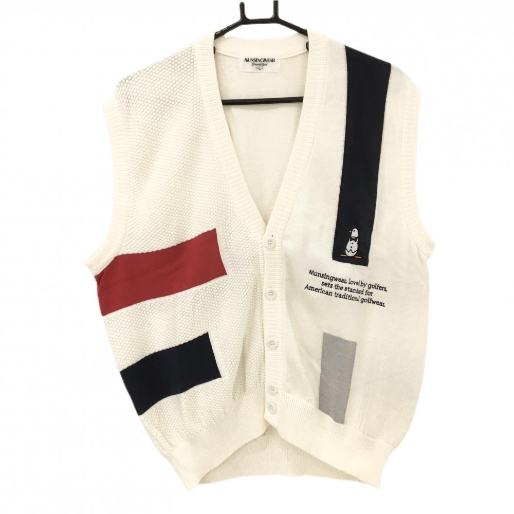 マンシングウェア ニットベスト 白×ネイビー×レッド コットン100％ 背面裾ロゴ メンズ L ゴルフウェア Munsingwear