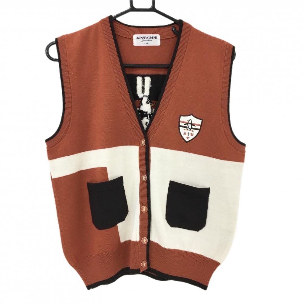 【美品】マンシングウェア ニットベスト ブラウン×白 ウール100％ バックロゴ メンズ M ゴルフウェア Munsingwear