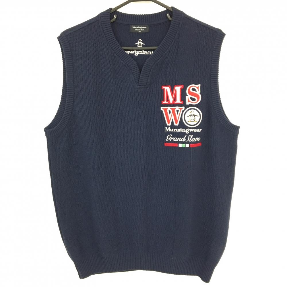 【美品】マンシングウェア ニットベスト ネイビー×レッド ワッペン コットン混  メンズ LL ゴルフウェア Munsingwear