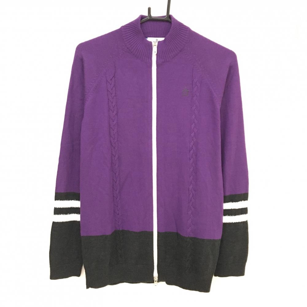 【美品】マンシングウェア ハイネックニットジャケット パープル×ダークグレー 袖ラインボア ウール混 メンズ L ゴルフウェア Munsingwear