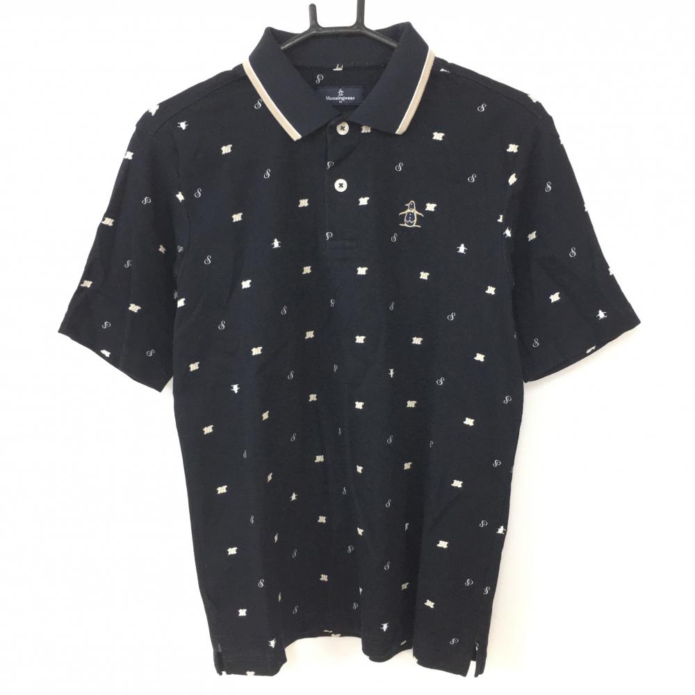 Munsingwear マンシングウェア 半袖ポロシャツ 黒×白 ロゴ総柄 メンズ M ゴルフウェア